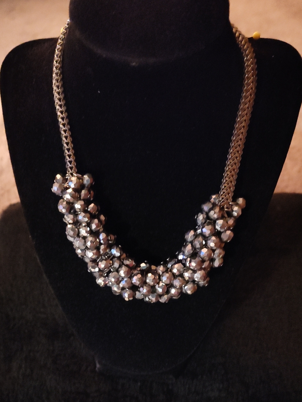 60s Silver Clustered Hematite Bead Chain Necklace Choker - Women Jewelry
